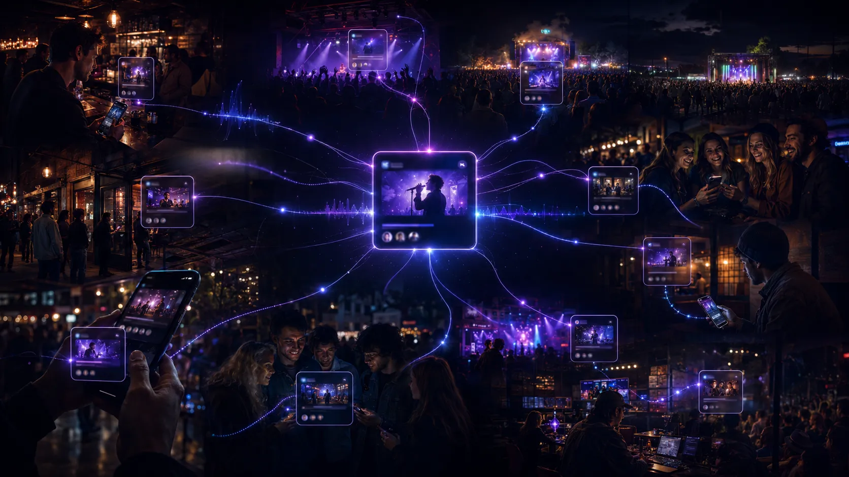 Music Kite discovery network showing artists, venues and festivals connected to fans discovering live entertainment nearby