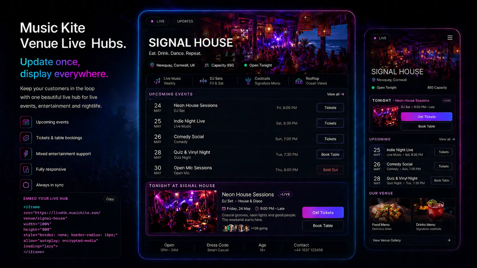 Music Kite venue live hubs system: venue what's on schedule and event discovery, embedded into venue websites and shown in local discovery feeds